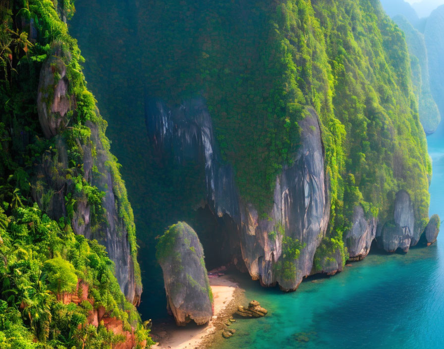 Green Cliffs Overlooking Turquoise Waters and Sandy Beach