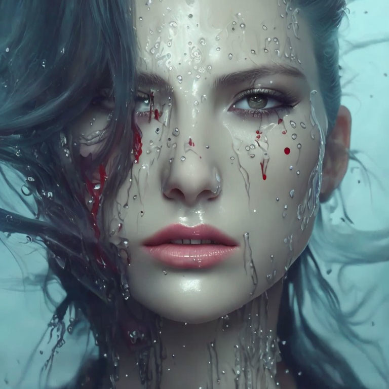 Woman's face behind wet glass with red streaks and water droplets