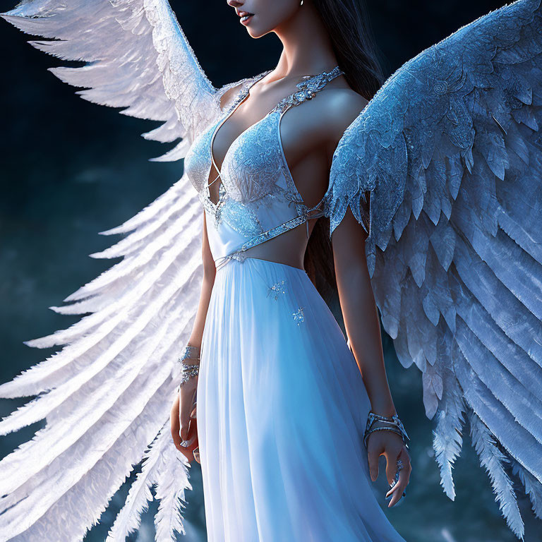 Woman with Detailed Angel Wings in Blue Dress with Silver Embellishments