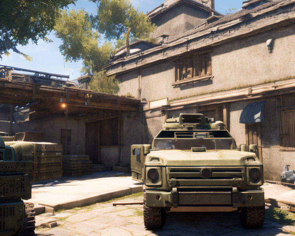 Military vehicle parked in sunny courtyard with traditional buildings, crates, and wooden balcony