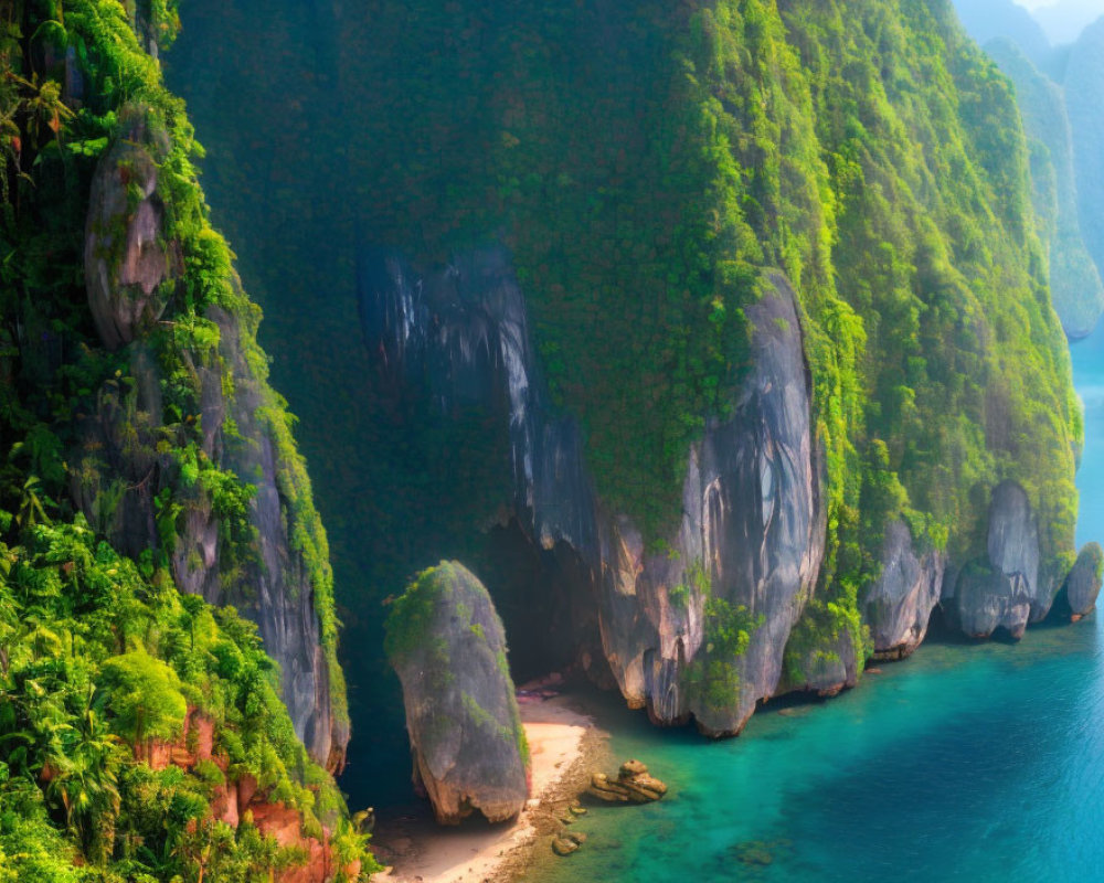 Green Cliffs Overlooking Turquoise Waters and Sandy Beach