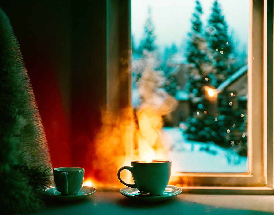 Two cups of coffee on a windowsill overlooking snow-covered trees.