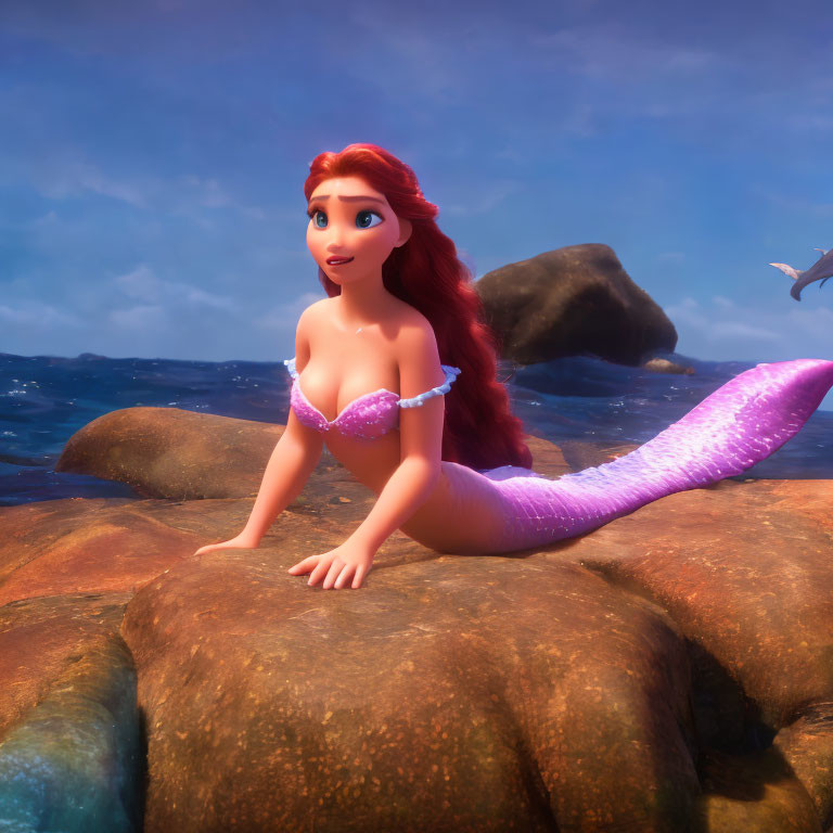 Red-haired animated mermaid on rock with purple tail above ocean