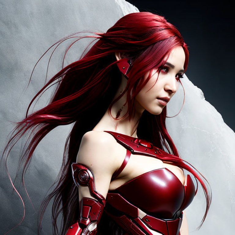 Long Red Hair and Futuristic Red Armor Pose in Dark Background