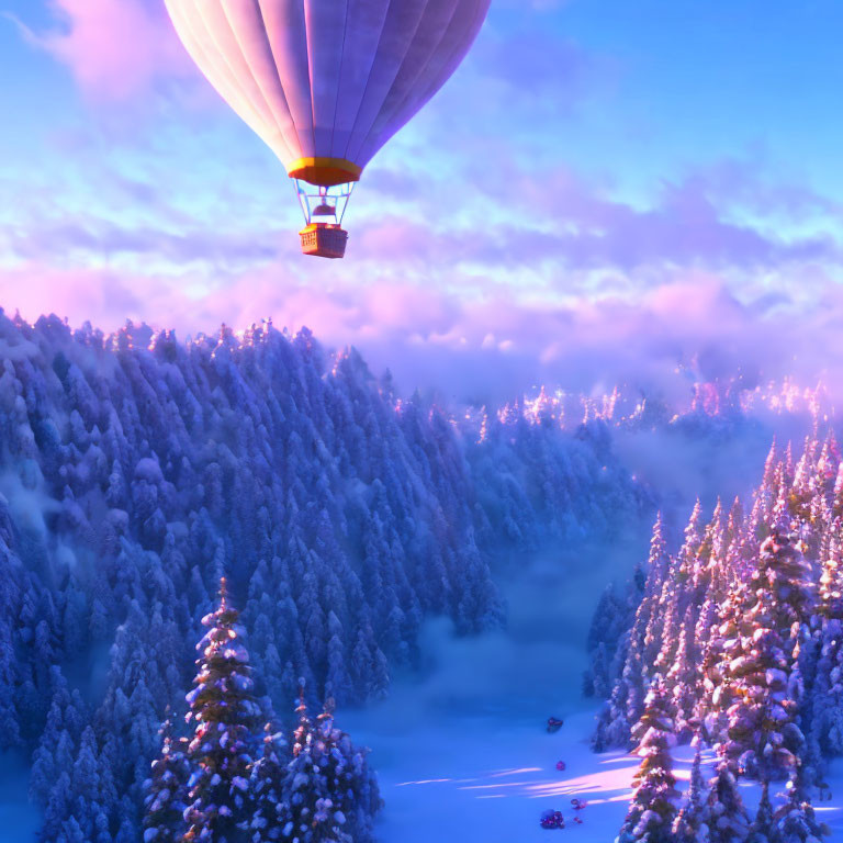 Hot air balloon over snowy forest at sunrise or sunset with mist among trees