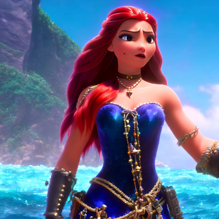 3D animated female character with long red hair in blue corset on tropical backdrop