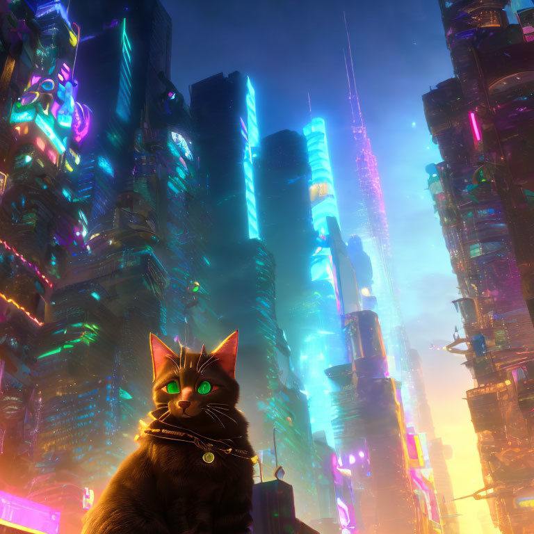 Glowing collar cat in front of futuristic neon cityscape at dusk