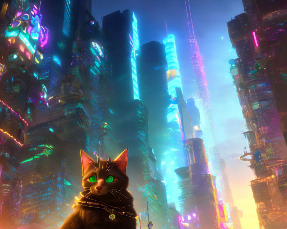 Glowing collar cat in front of futuristic neon cityscape at dusk