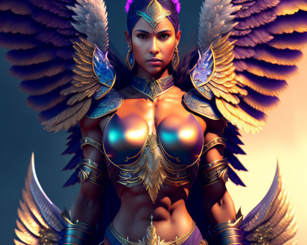 Golden-armored warrior with feathered wings and vibrant headpiece