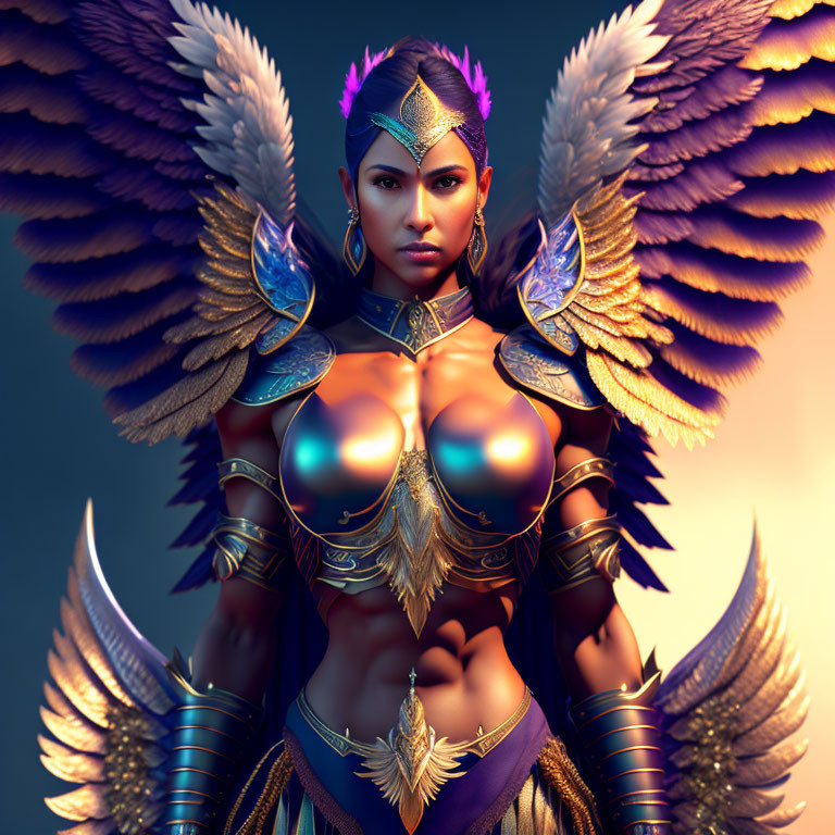 Golden-armored warrior with feathered wings and vibrant headpiece