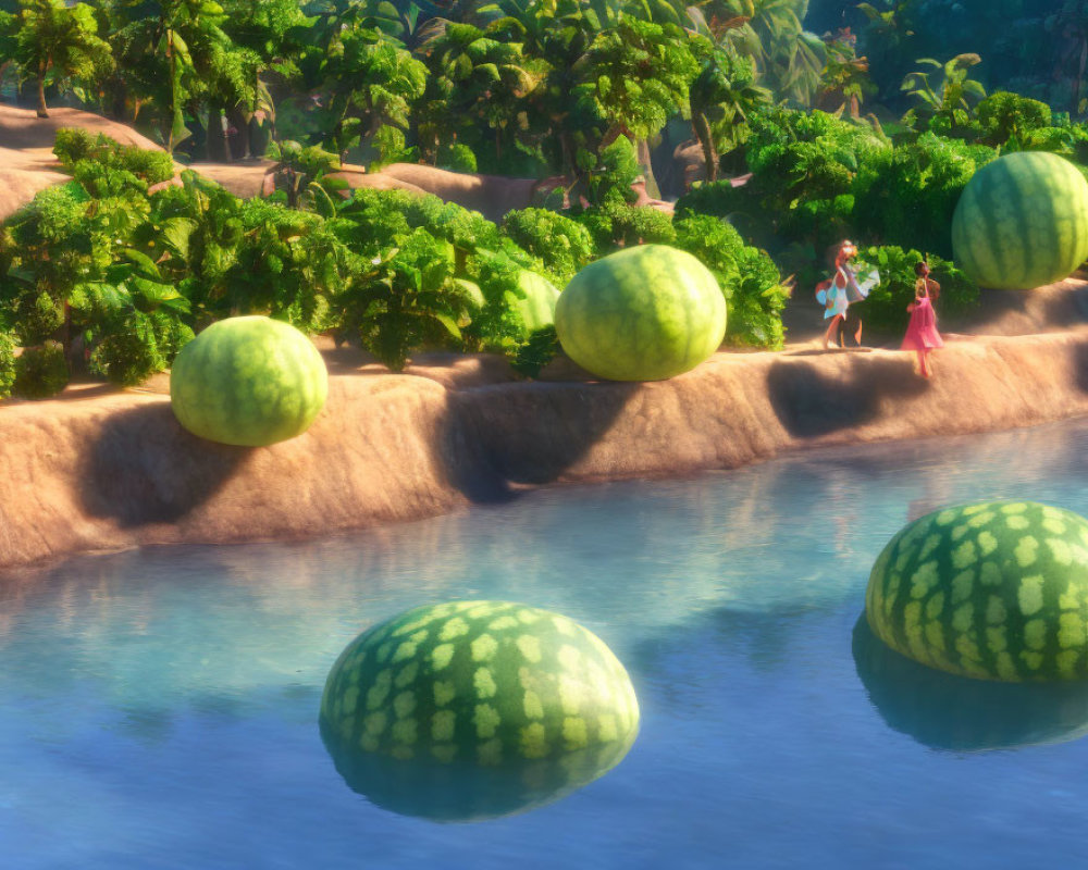 Giant floating watermelons in tropical river scene with small characters.