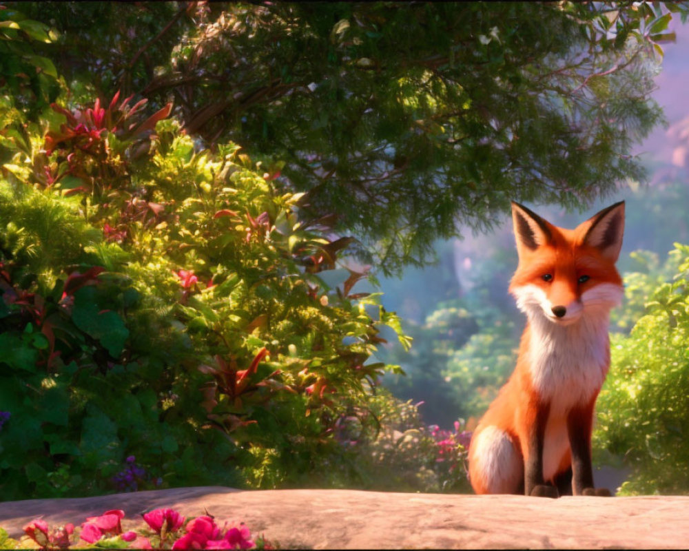 Animated fox under tree with sunlight and greenery.