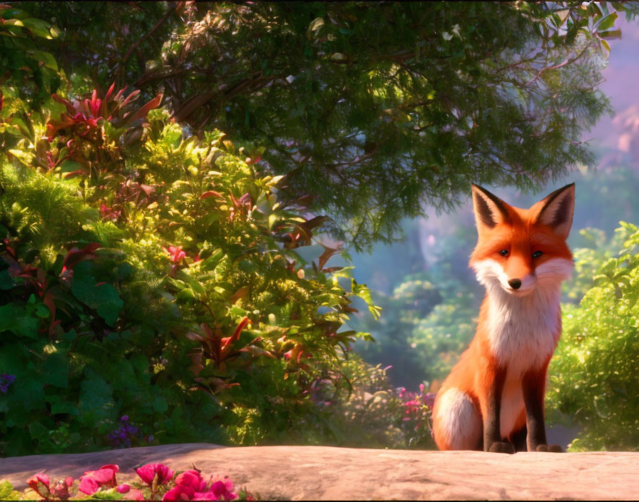 Animated fox under tree with sunlight and greenery.