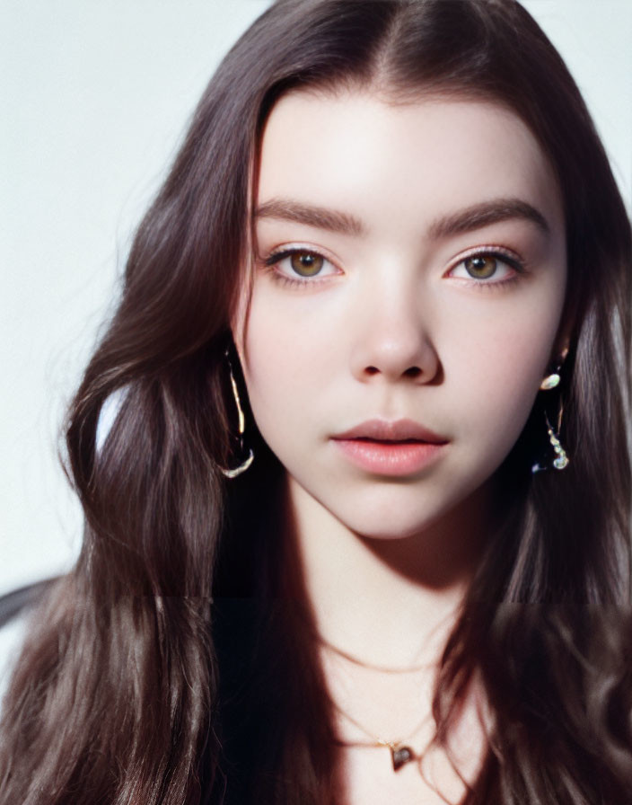 Portrait of a young woman with dark brown hair and hazel eyes