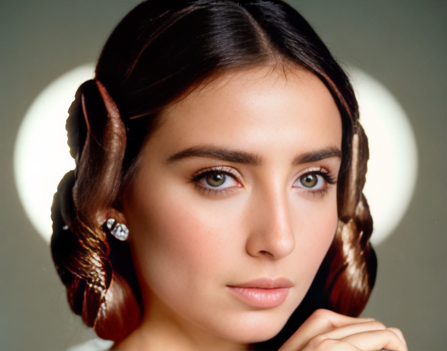 Brown-haired woman with braids and hazel eyes in subtle makeup, wearing earrings