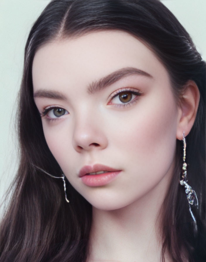 Portrait of woman with fair skin, hazel eyes, brown hair, crystal earrings