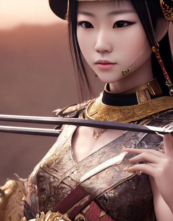 Detailed digital artwork of a woman in ornate armor holding a sword