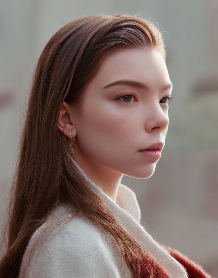 Young woman with long brown hair and clear skin in cream-colored top.