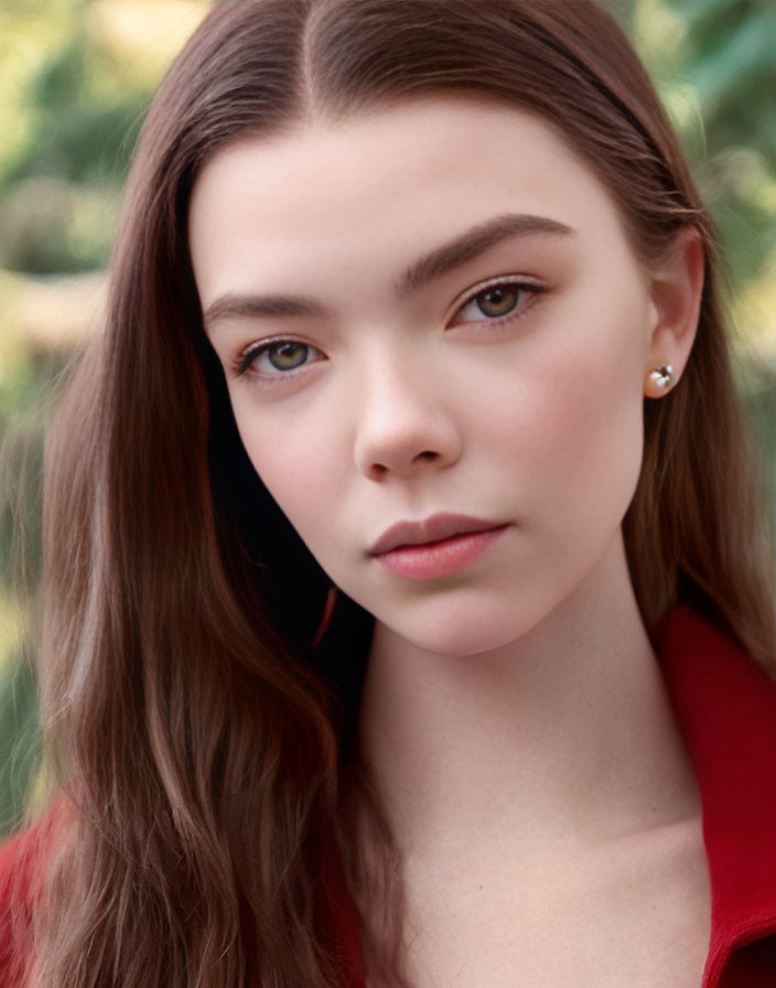 Young woman with long brown hair and hazel eyes in red top against greenery.