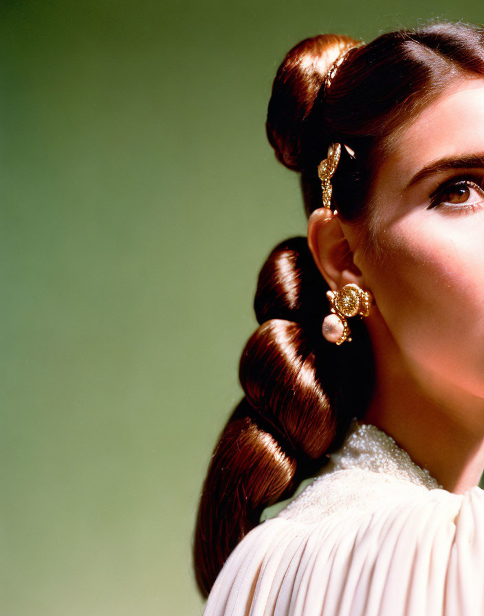 Portrait of person with styled hair braid and earring on soft green background