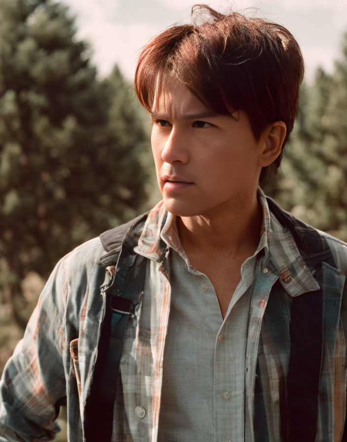 Man in Plaid Shirt Contemplating Outdoors with Trees