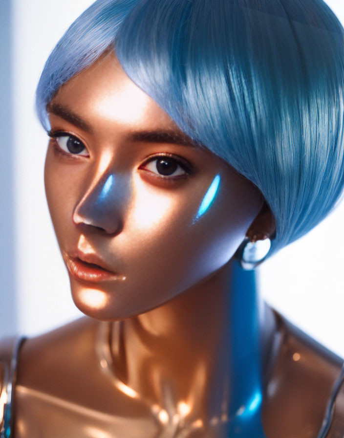 Blue-haired person with metallic gold neck under blue light.