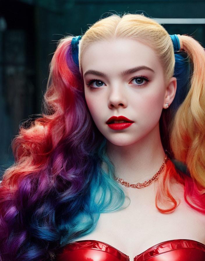 Vibrant rainbow-colored hair woman in high ponytails with red lipstick and top