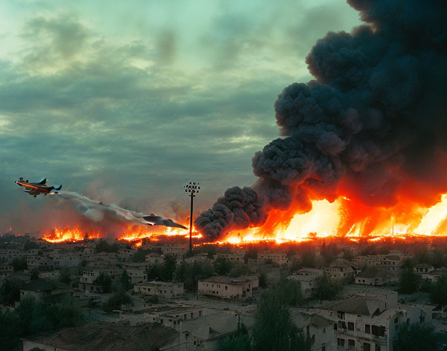 Intense fire and black smoke engulf buildings as plane flies by at dusk