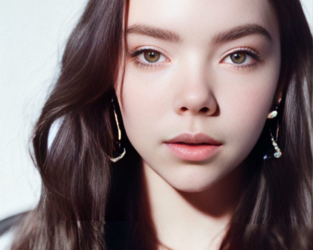 Portrait of a young woman with dark brown hair and hazel eyes