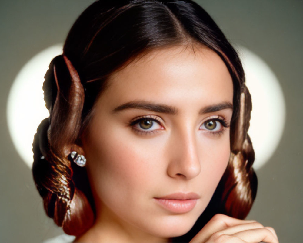 Brown-haired woman with braids and hazel eyes in subtle makeup, wearing earrings