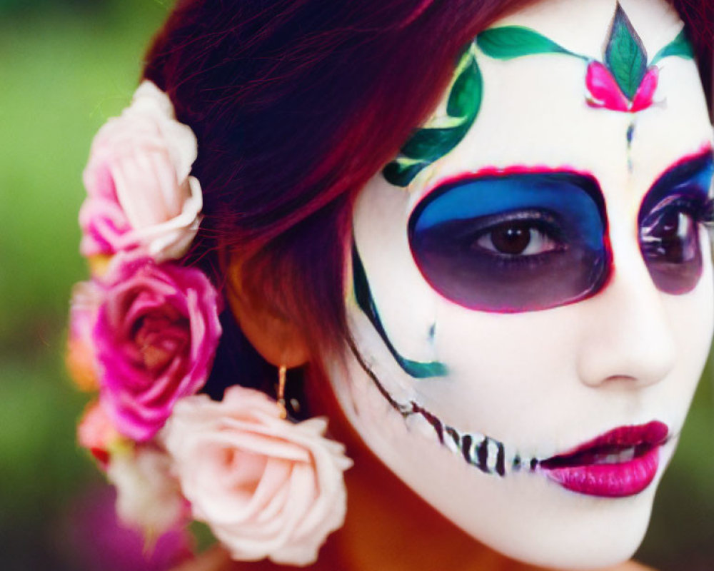 Person with vibrant sugar skull makeup and roses - Day of the Dead symbolism