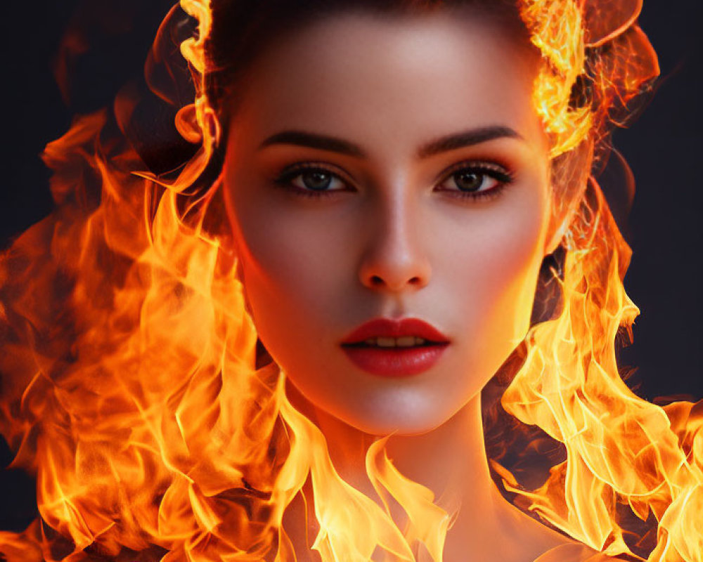 Woman with Striking Features in Fiery Mane Against Dark Background