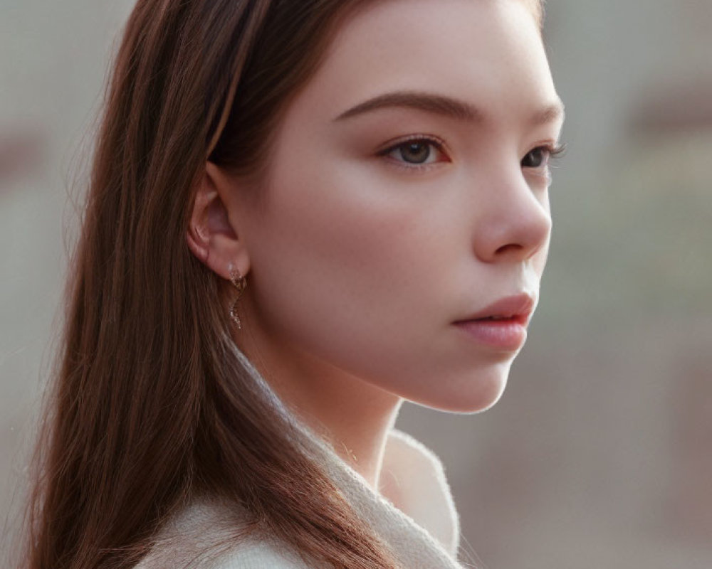 Young woman with long brown hair and clear skin in cream-colored top.