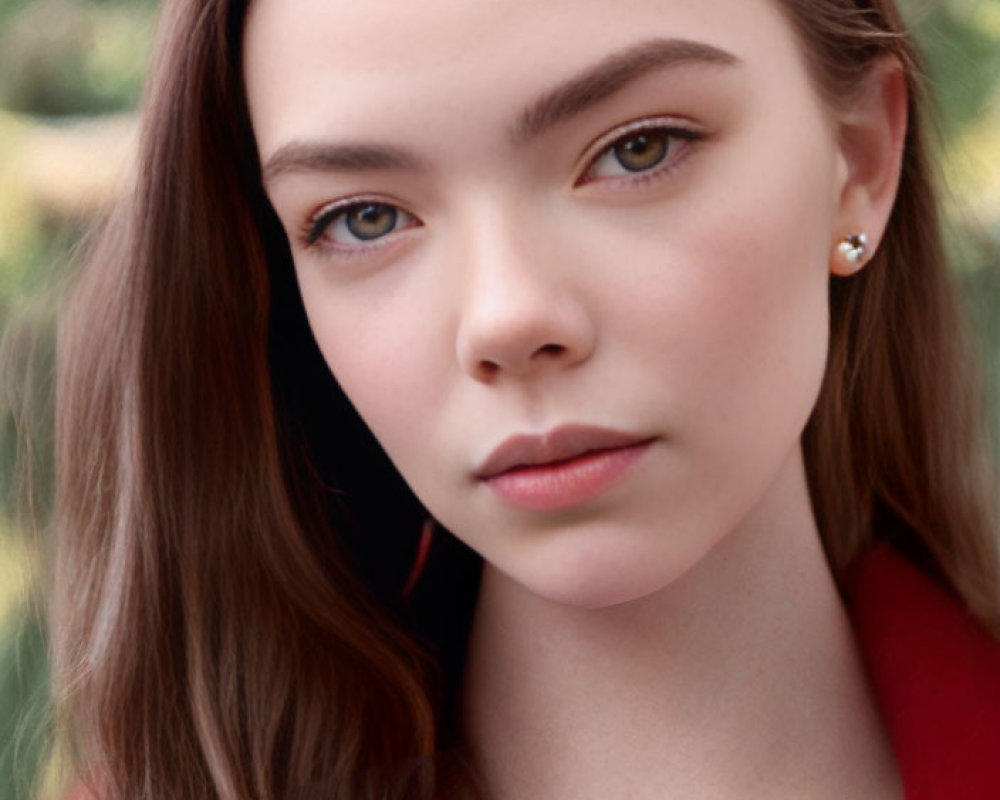 Young woman with long brown hair and hazel eyes in red top against greenery.