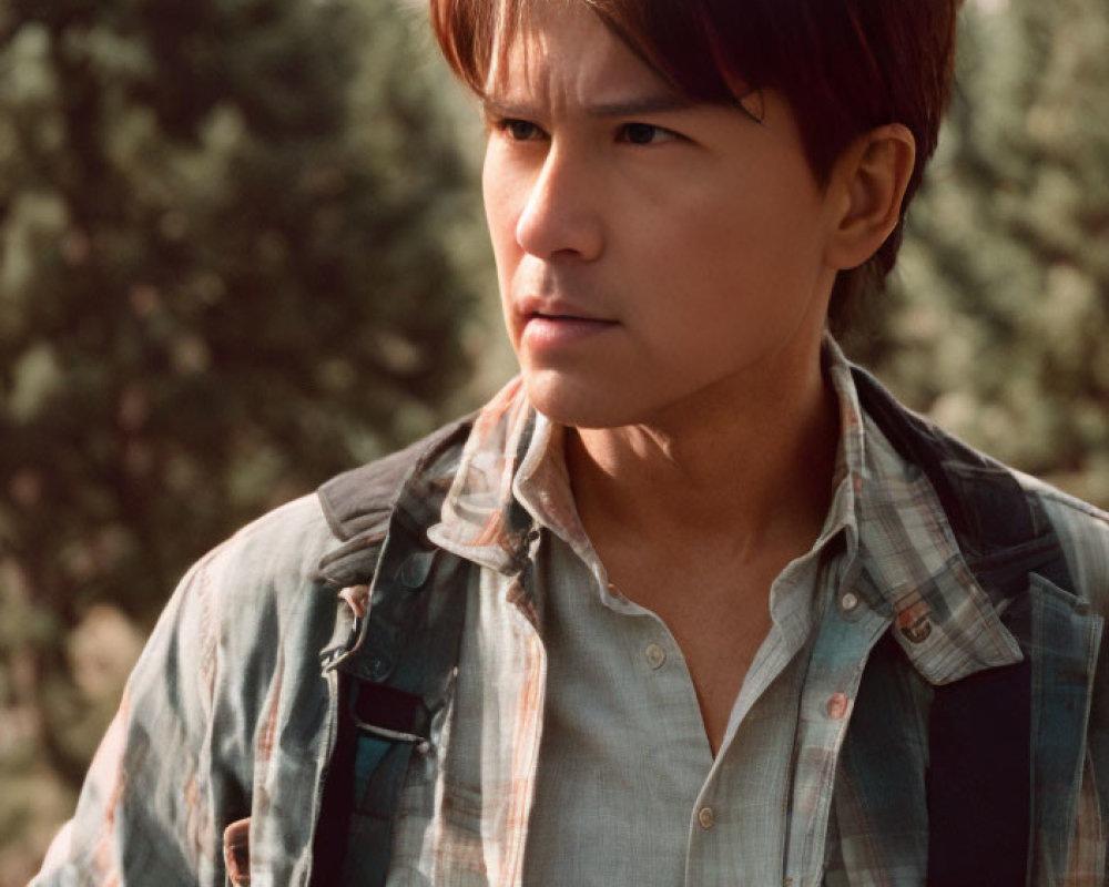 Man in Plaid Shirt Contemplating Outdoors with Trees