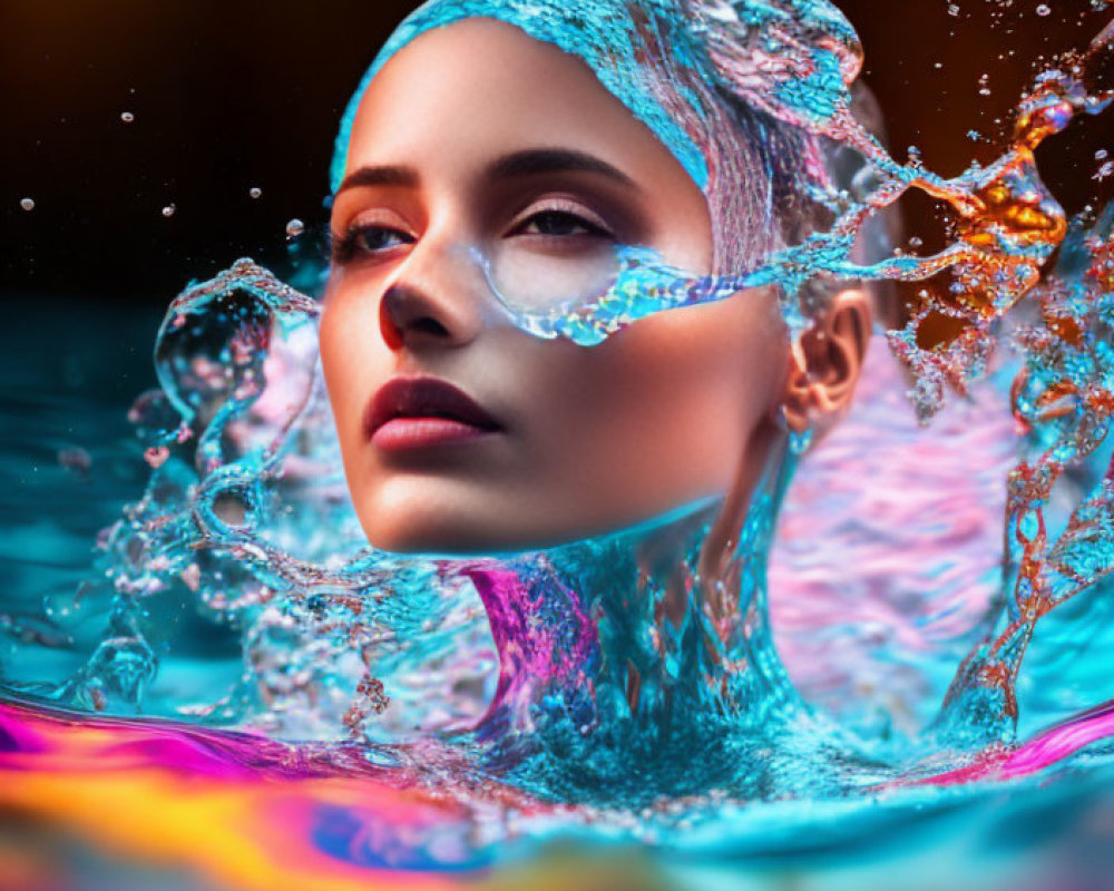 Woman partially submerged in water with dynamic splashes, vibrant blue and warm orange tones, calm expression.