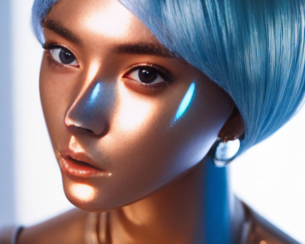 Blue-haired person with metallic gold neck under blue light.