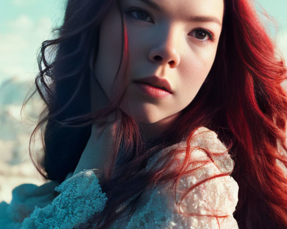 Red-haired woman in white lace top against sky-blue backdrop