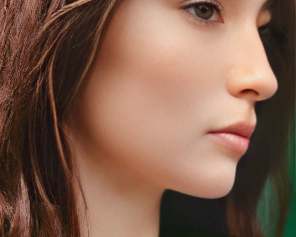 Portrait of woman with brown hair against teal background