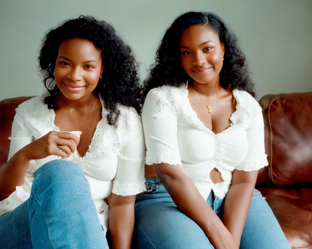 Two Smiling Women in White Tops and Blue Jeans on Brown Leather Sofa