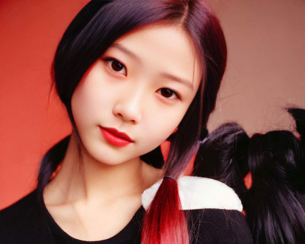 Young woman with red hair tips, expressive eyes, subtle makeup, black & white top, posing against