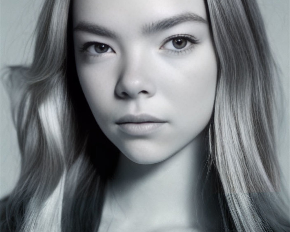 Monochrome portrait of young woman with flowing hair