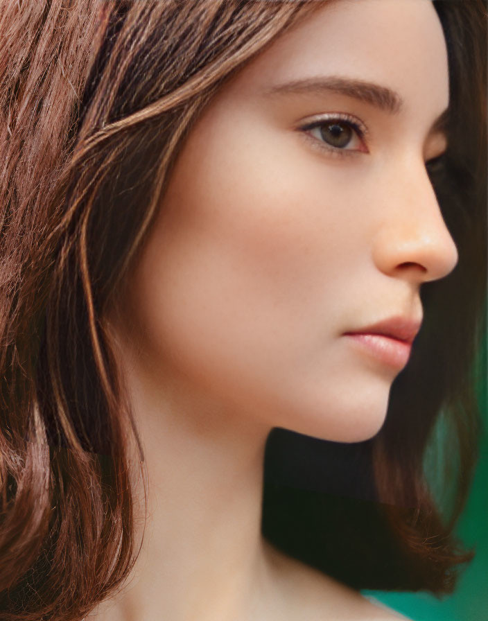 Portrait of woman with brown hair against teal background