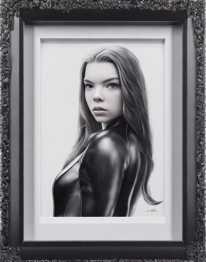 Monochrome portrait of woman with long hair in black outfit, framed in decorative black frame