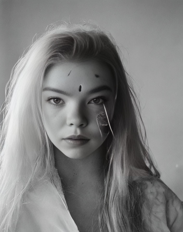 Monochrome portrait of serene young woman with long blonde hair and feather.