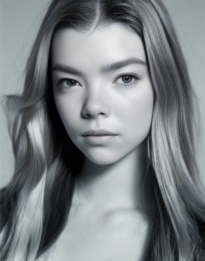 Monochrome portrait of young woman with flowing hair