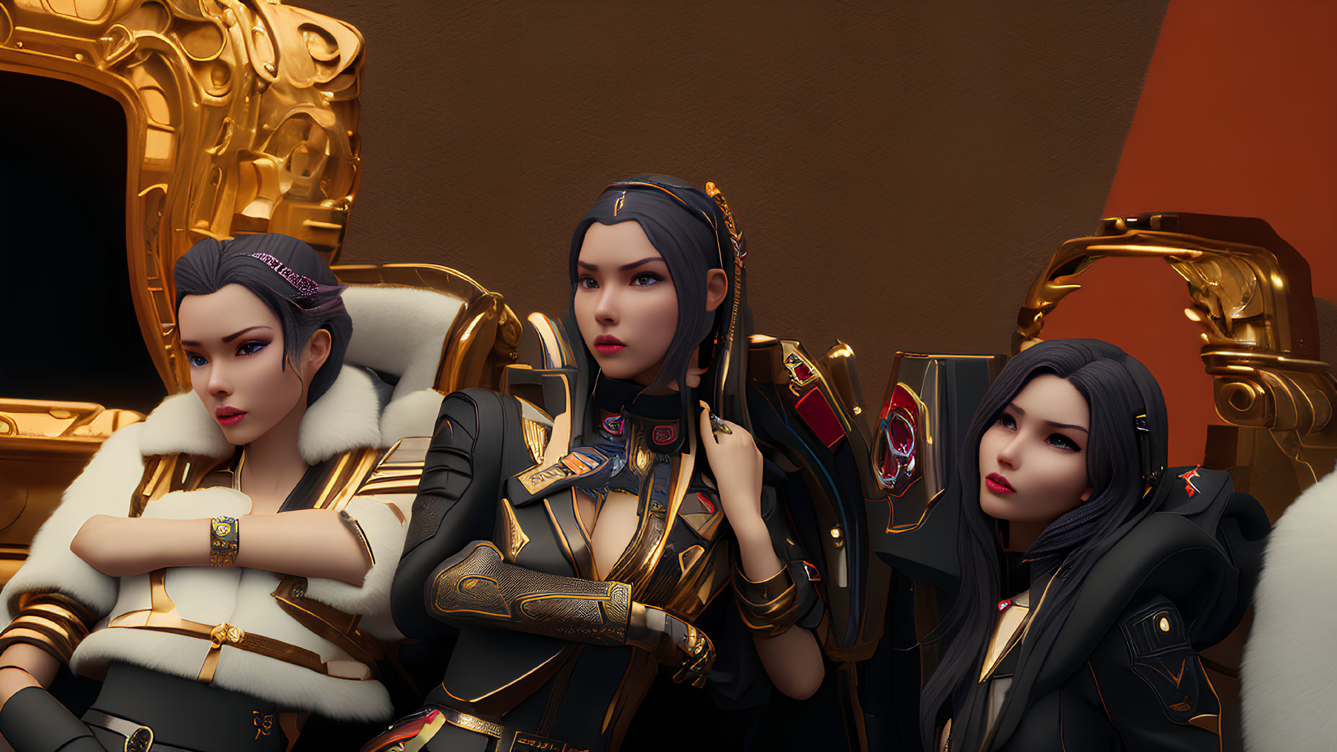 Regal setting with three animated female characters in black and gold military uniforms