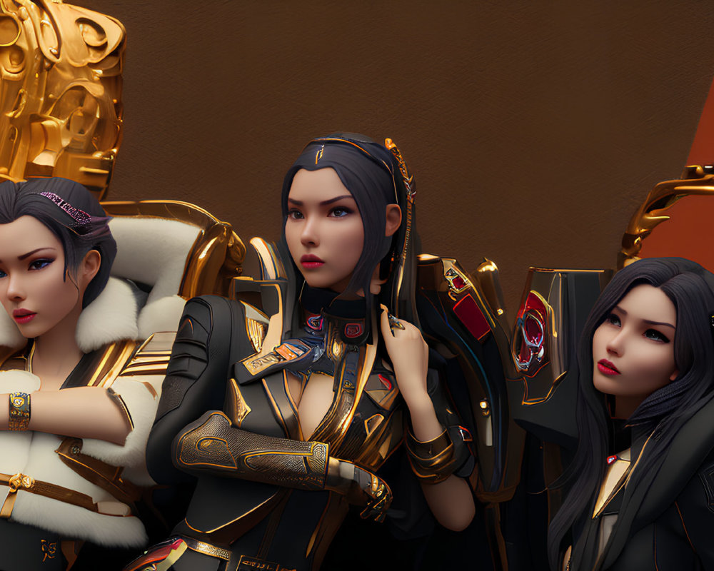 Regal setting with three animated female characters in black and gold military uniforms