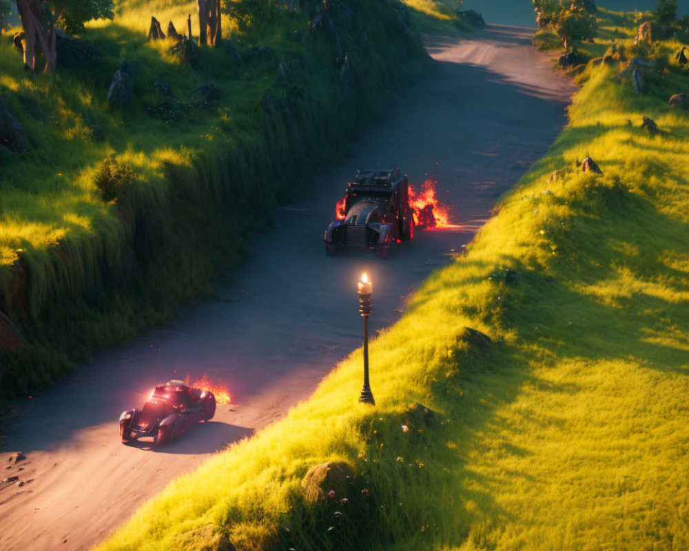 Futuristic vehicles race on winding road in lush green landscape