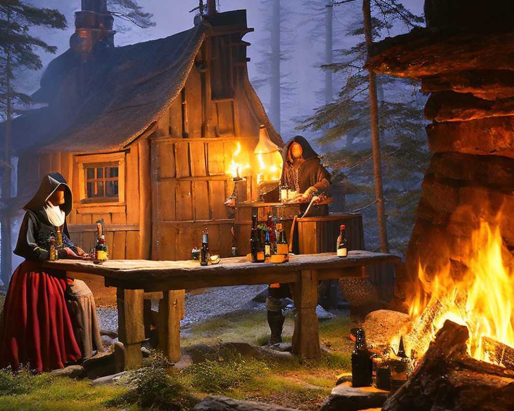 Rustic outdoor dusk scene with individuals at table near cabin and fireplace